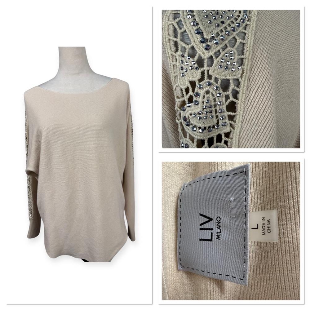 LIV Milano Beige Sweater with Sleeves embellished either rhinestones size large